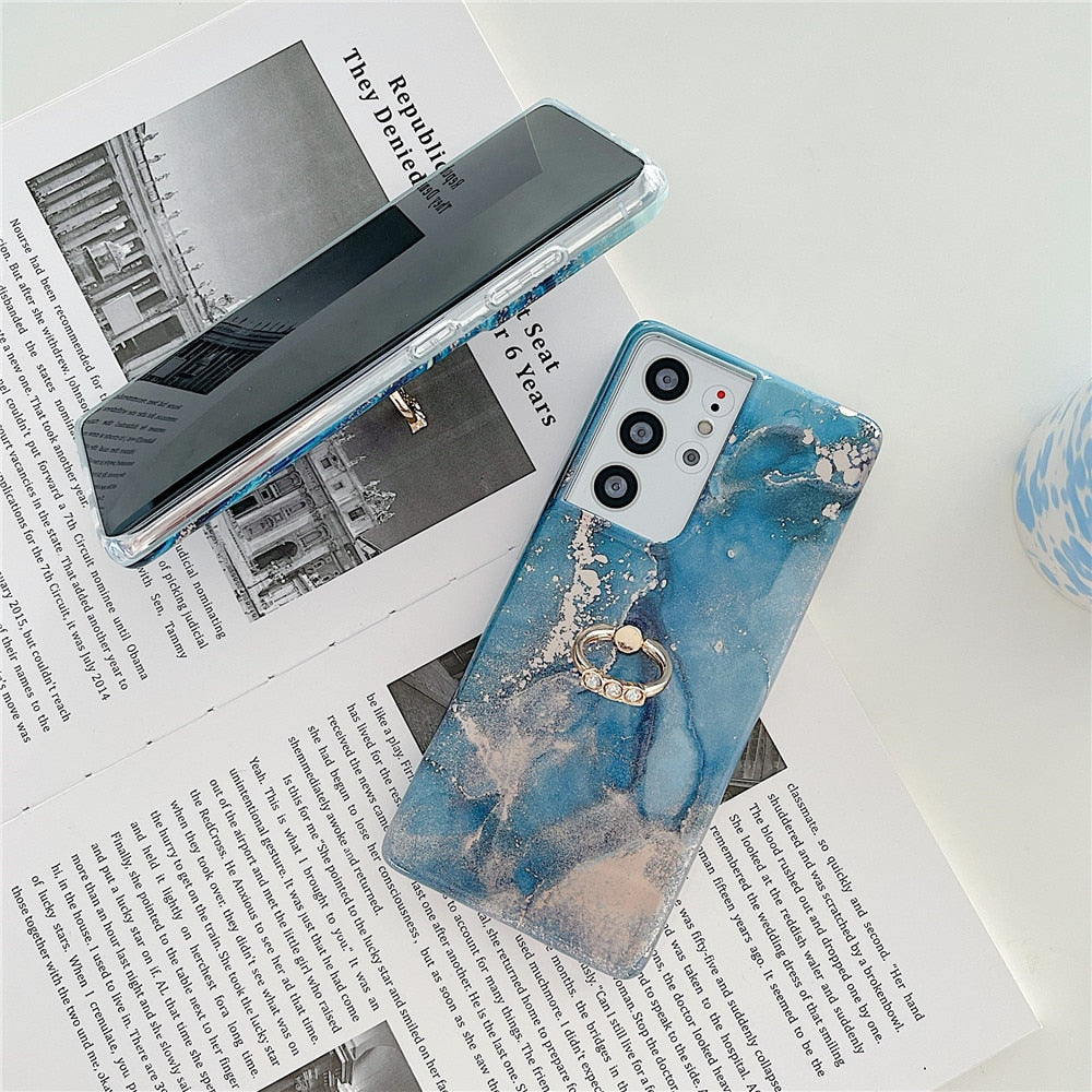 Anymob Samsung Green Silicon Case Glitter Marble Finger Ring Bracket Holder Phone Cover-Mobile Phone Cases-PEROZ Accessories