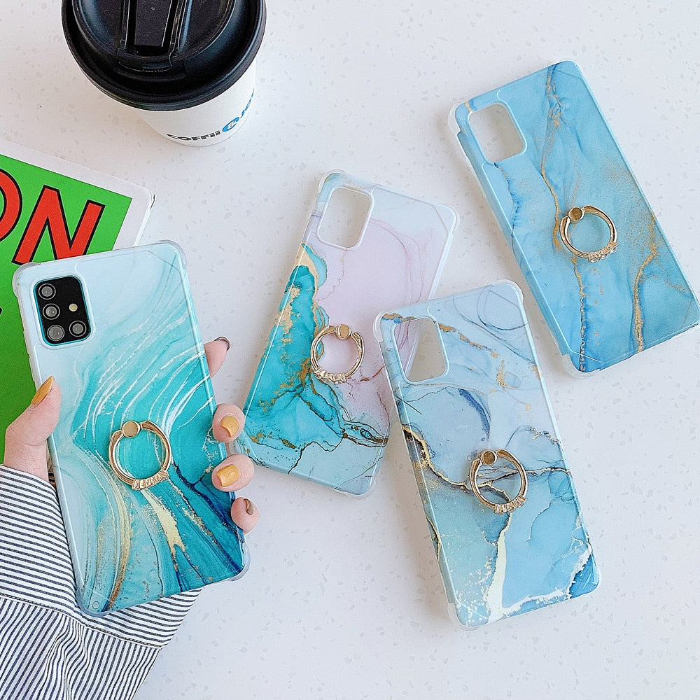 Anymob Samsung White And Gold Marble Ring Holder Case Silicone Shockproof Cover-Mobile Phone Cases-PEROZ Accessories