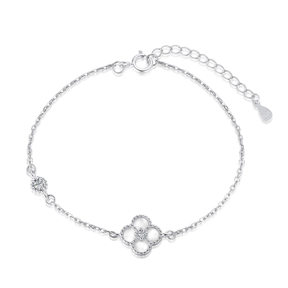 Anyco Bracelet Sterling Silver Clear White 4 Four Leaf Clover Bracelet 5A Cubic Zirconia Link Chain Tennis Bracelets-Bracelets-PEROZ Accessories