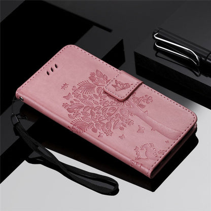 Anymob Samsung Pink Tree Cat Leather Flip Case Wallet Phone Cover Protection-Mobile Phone Cases-PEROZ Accessories