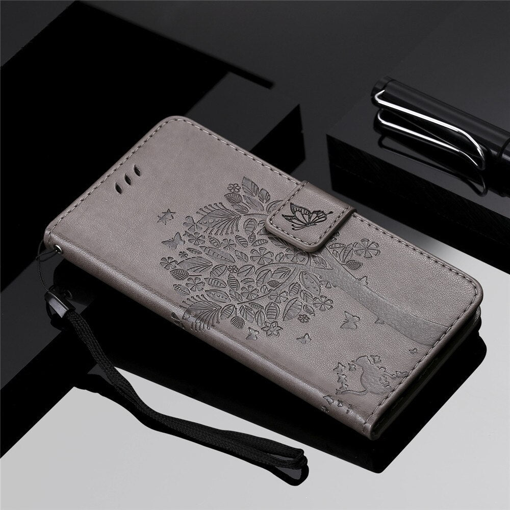 Anymob Samsung Gray Tree Cat Leather Flip Case Wallet Phone Cover Protection-Mobile Phone Cases-PEROZ Accessories