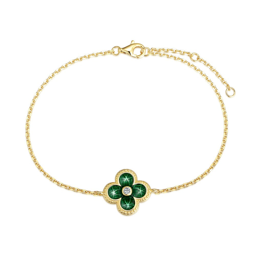 Anyco Bracelet 18K Gold Plated Green 4 Four Leaf Clover Bracelet 5A Cubic Zirconia Link Chain Tennis Bracelets-Bracelets-PEROZ Accessories