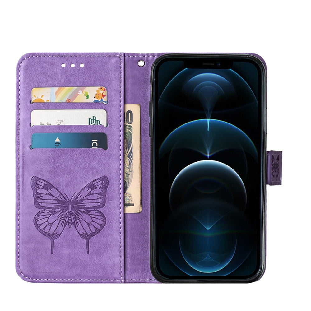 Anymob iPhone Case Dark Purple Embossed Butterfly Flip Magnetic Wallet Leather Phone Cover-Mobile Phone Cases-PEROZ Accessories
