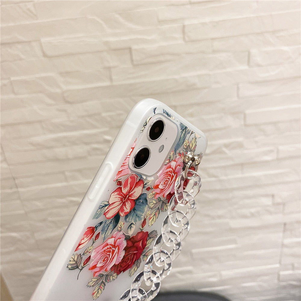 Anymob iPhone Case Transparent Pink Flower Wrist Chain Bracelet Silicone Flower Phone Cover-Mobile Phone Cases-PEROZ Accessories
