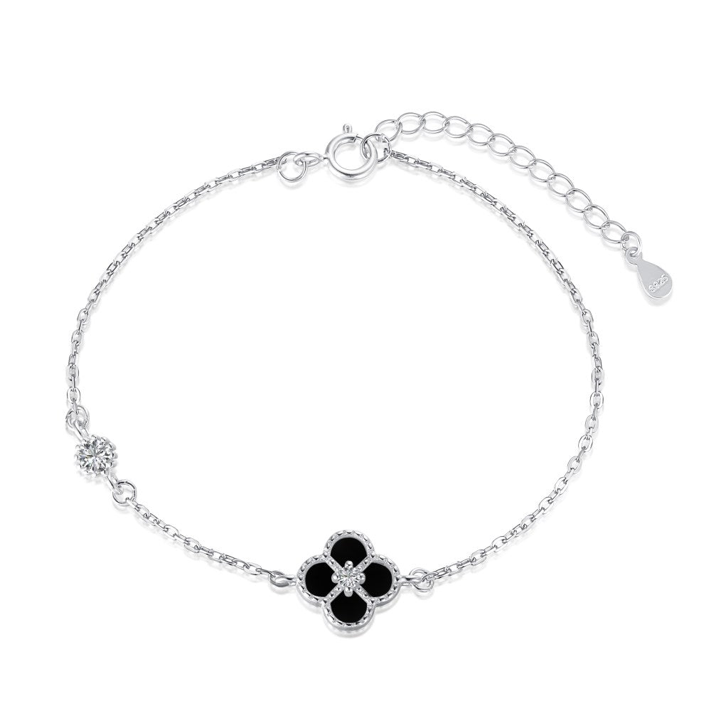 Anyco Bracelet Sterling Silver Black 4 Four Leaf Clover Bracelet 5A Cubic Zirconia Link Chain Tennis Bracelets-Bracelets-PEROZ Accessories