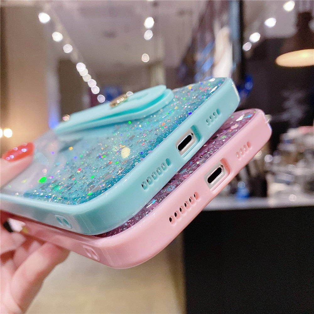 Anymob iPhone Case Purple Sequins Glitter Wrist Band Clear With Stand Holder Back Cover-Mobile Phone Cases-PEROZ Accessories