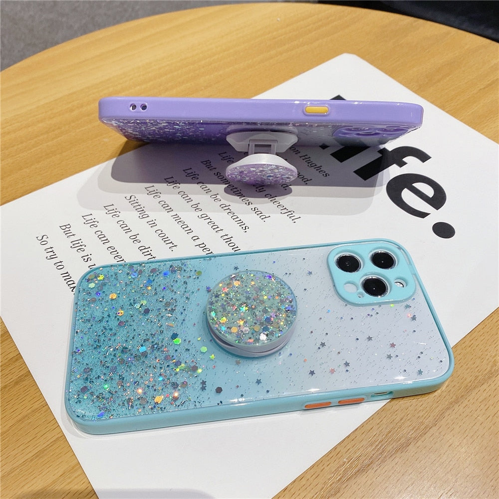 Anymob iPhone Case Sky Blue Camera Protection Bling Glitter Soft Clear Stand Holder Cover-Mobile Phone Cases-PEROZ Accessories