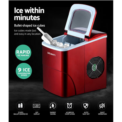 DEVANTi Portable Ice Cube Maker Machine 2L Home Bar Benchtop Easy Quick Red-Appliances &gt; Kitchen Appliances-PEROZ Accessories