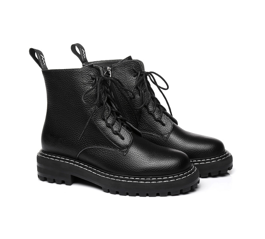TARRAMARRA Zipper Chunky Black Leather Boots Women Leona-Boots-PEROZ Accessories