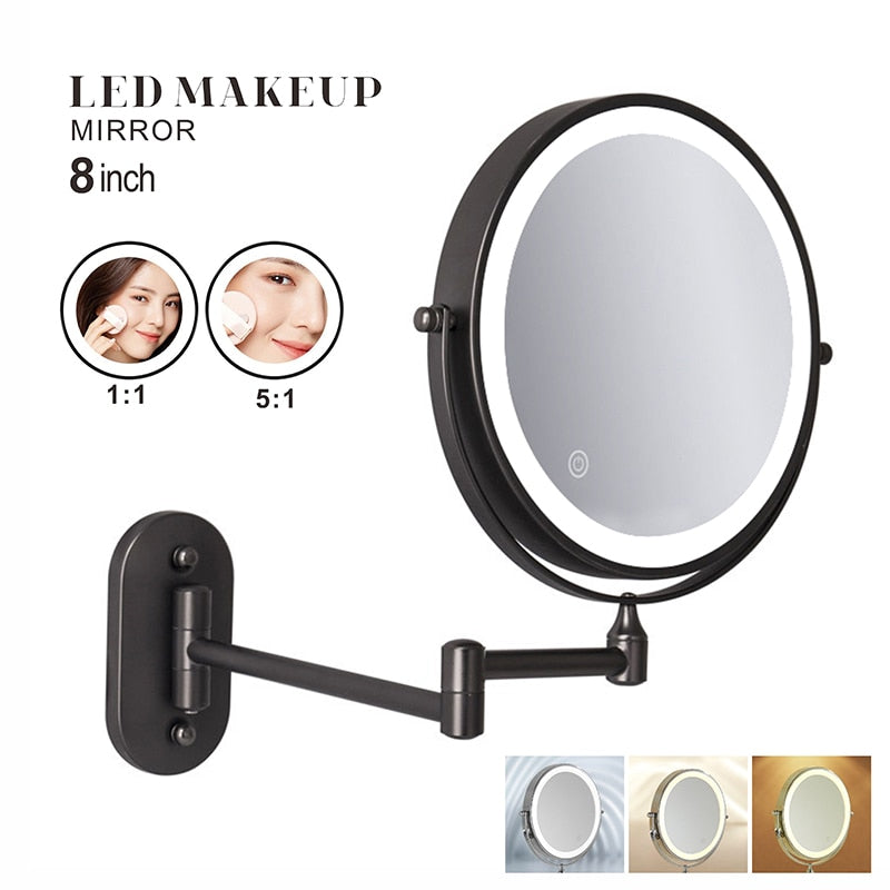 Anyvogue Black 8in Wall Mounted Smart LED Makeup Mirror Double Sided Touch Dimming Adjustable 3x Magnification USB Charging-Makeup Mirror-PEROZ Accessories