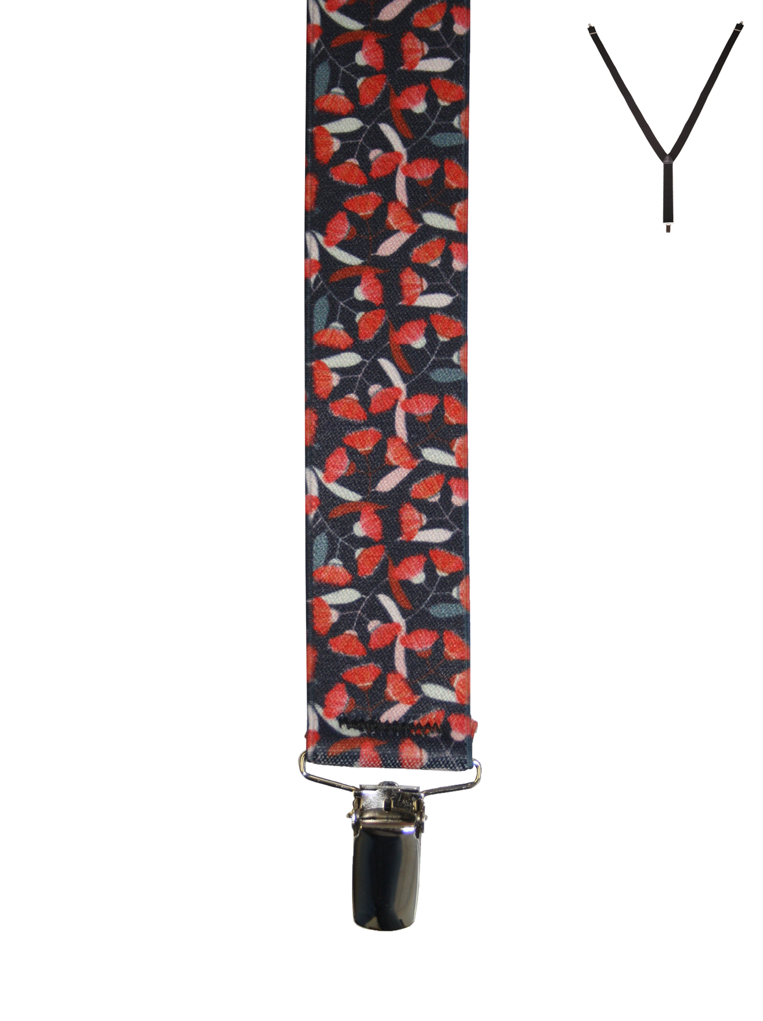 BRACES. Y-Back with Nickel Clips. Jocelyn Proust Gum Blossom Print. Red/Navy. 35mm width.-Braces-PEROZ Accessories