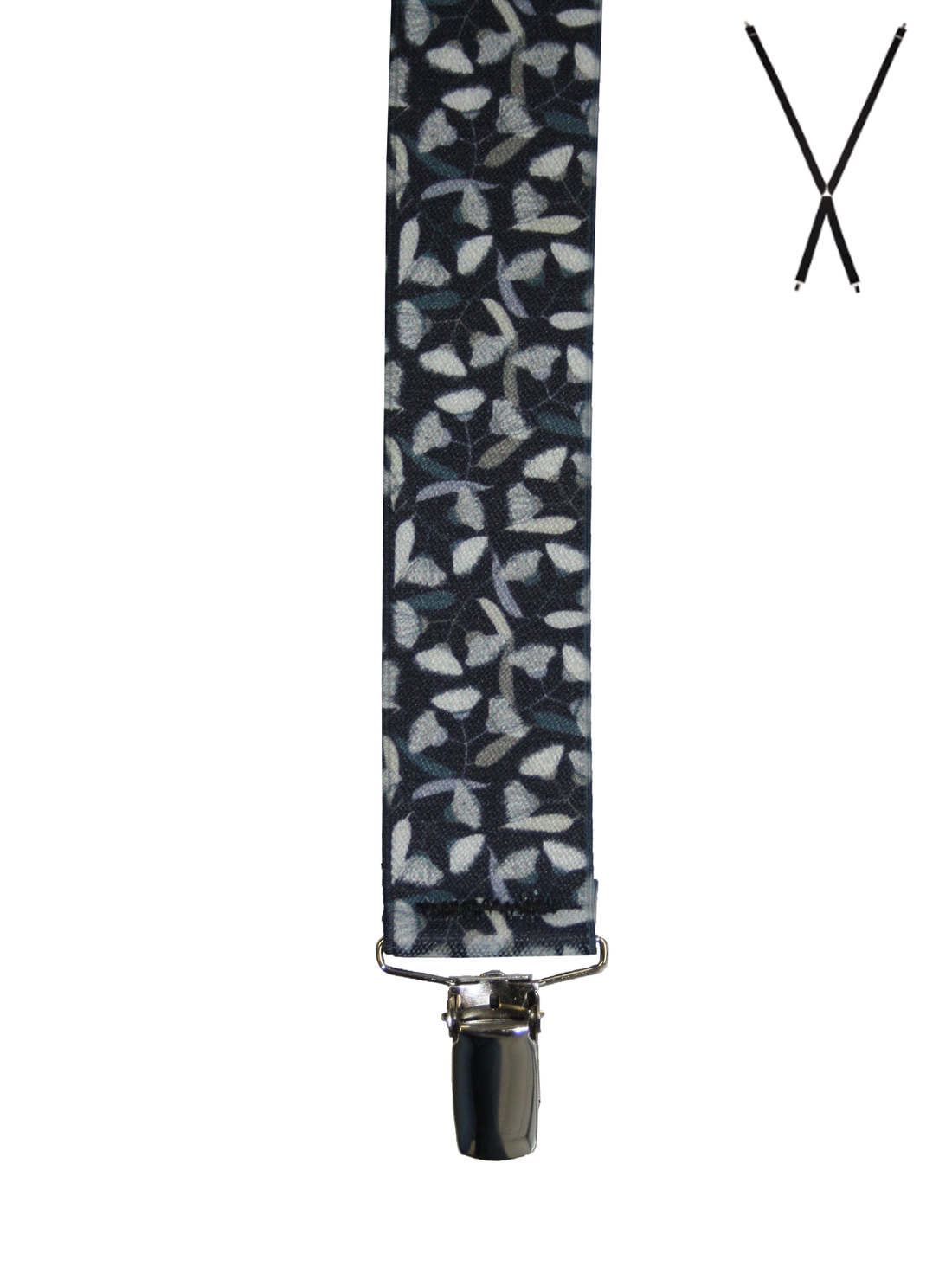 BRACES. X-Back with Nickel Clips. Jocelyn Proust Gum Blossom Print. Navy/Silver. 35mm width.-Braces-PEROZ Accessories