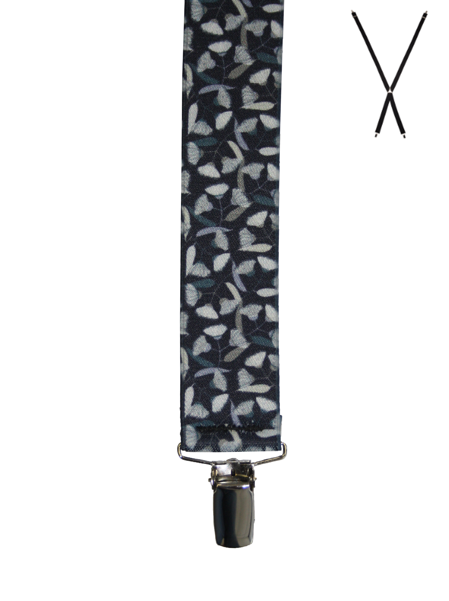 BRACES. X-Back with Nickel Clips. Jocelyn Proust Gum Blossom Print. Navy/Silver. 35mm width.-Braces-PEROZ Accessories