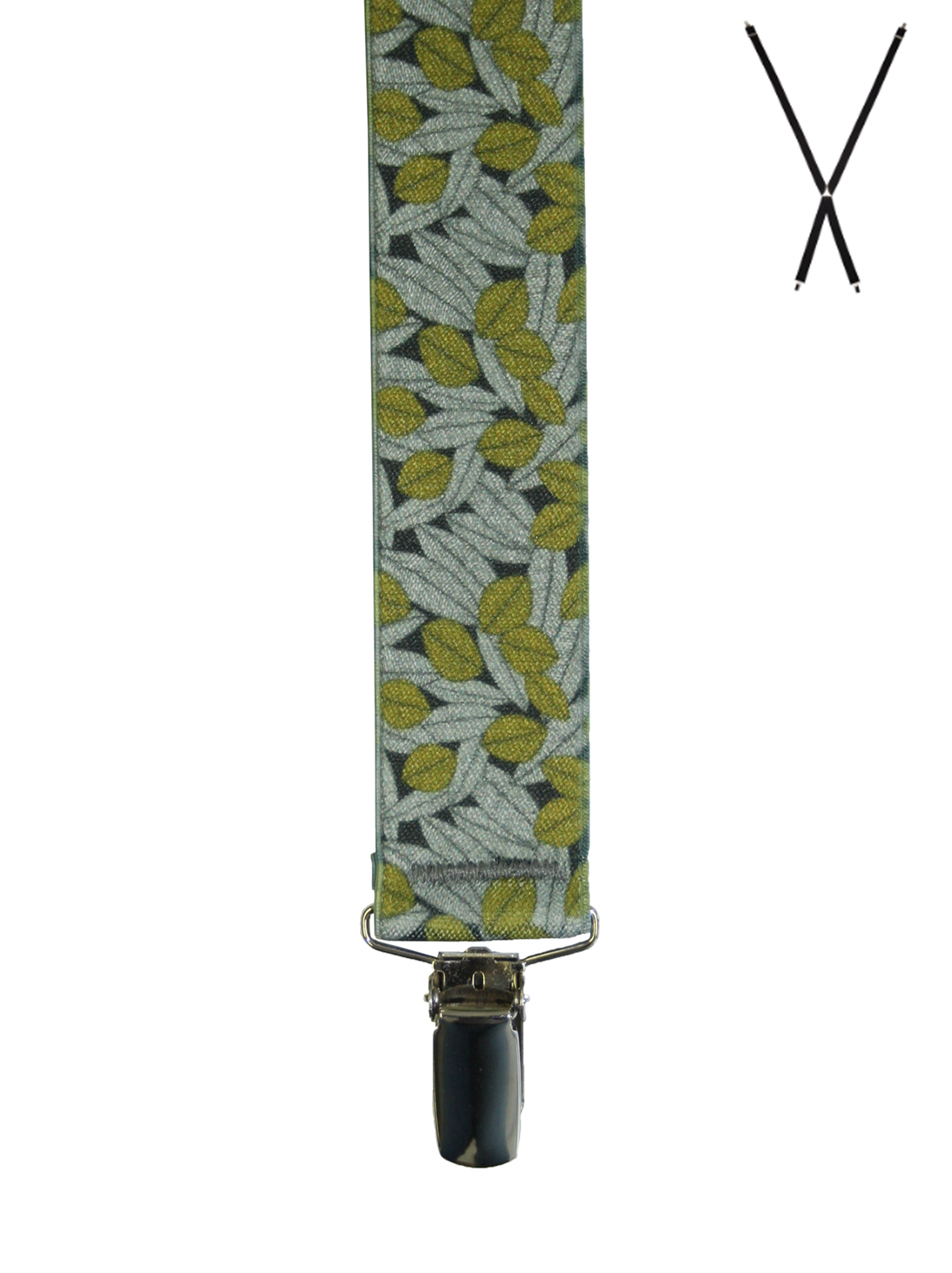 BRACES. X-Back with Nickel Clips. Jocelyn Proust Lined Leaves Print. Black/Gold. 35mm width.-Braces-PEROZ Accessories