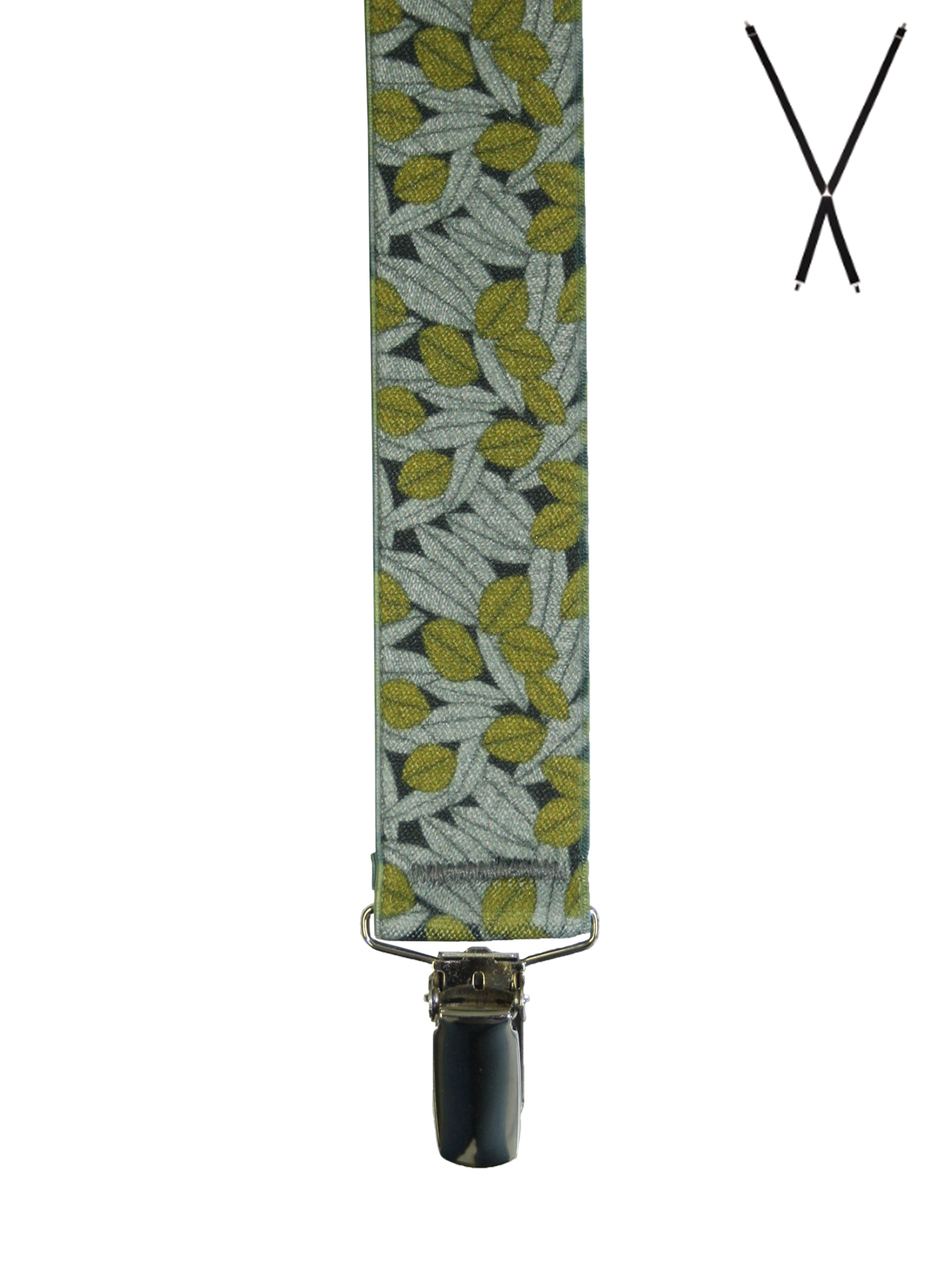 BRACES. X-Back with Nickel Clips. Jocelyn Proust Lined Leaves Print. Black/Gold. 35mm width.-Braces-PEROZ Accessories