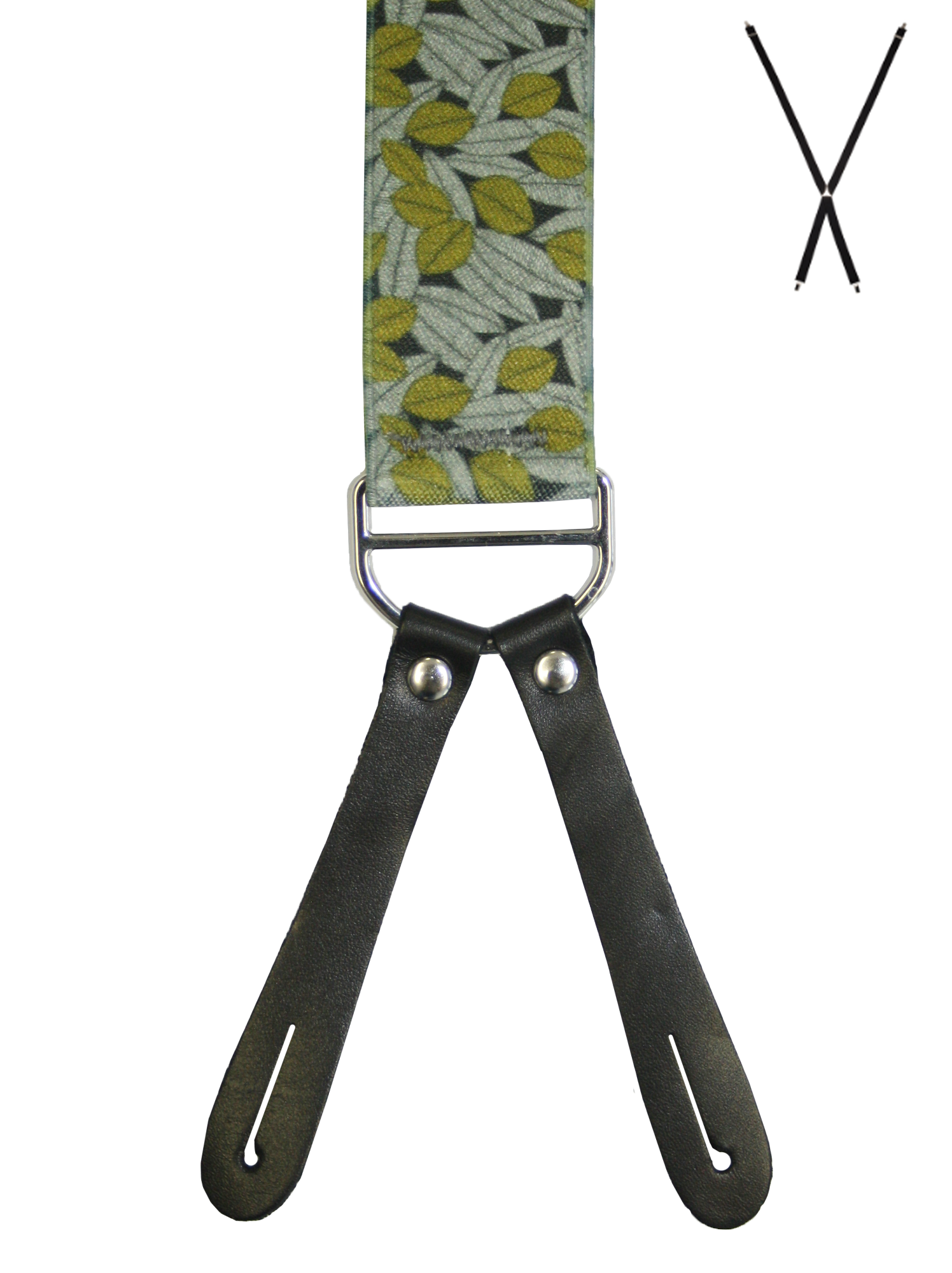 BRACES. X-Back with Leather Ends. Jocelyn Proust Lined Leaves Print. Black/Gold. 35mm width.-Braces-PEROZ Accessories