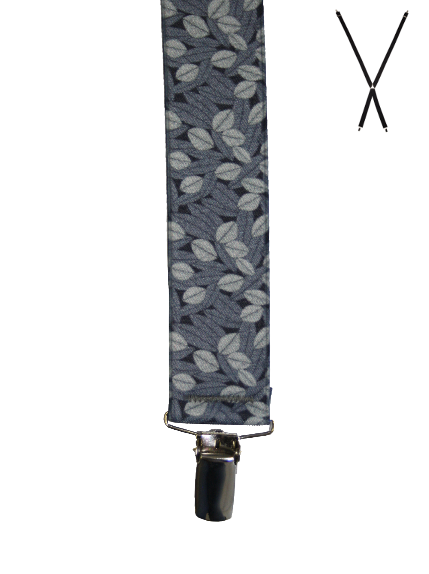 BRACES. X-Back with Nickel Clips. Jocelyn Proust Lined Leaves Print. Black/Silver. 35mm width.-Braces-PEROZ Accessories