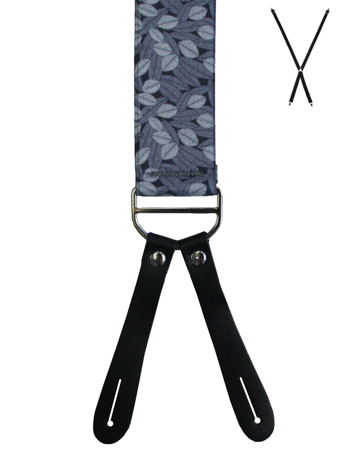 BRACES. X-Back with Leather Ends. Jocelyn Proust Lined Leaves Print. Black/Silver. 35mm width.-Braces-PEROZ Accessories