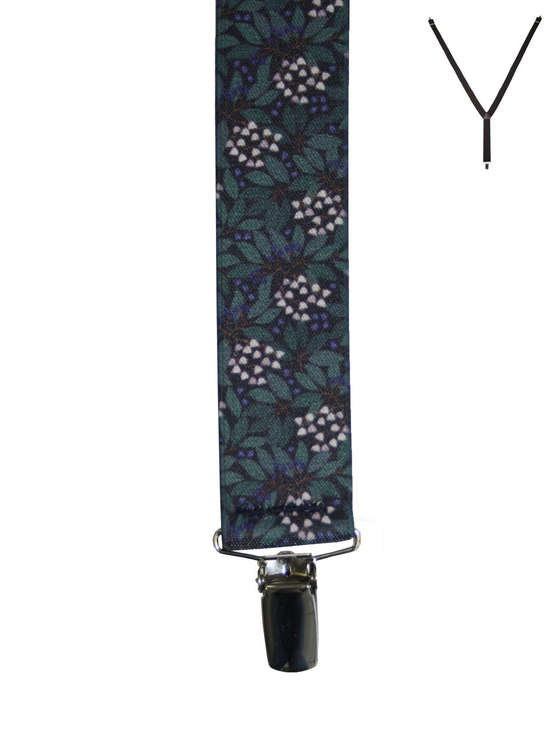 BRACES. Y-Back with Nickel Clips. Jocelyn Proust Small Flower Print. Navy/Green. 35mm width.-Braces-PEROZ Accessories