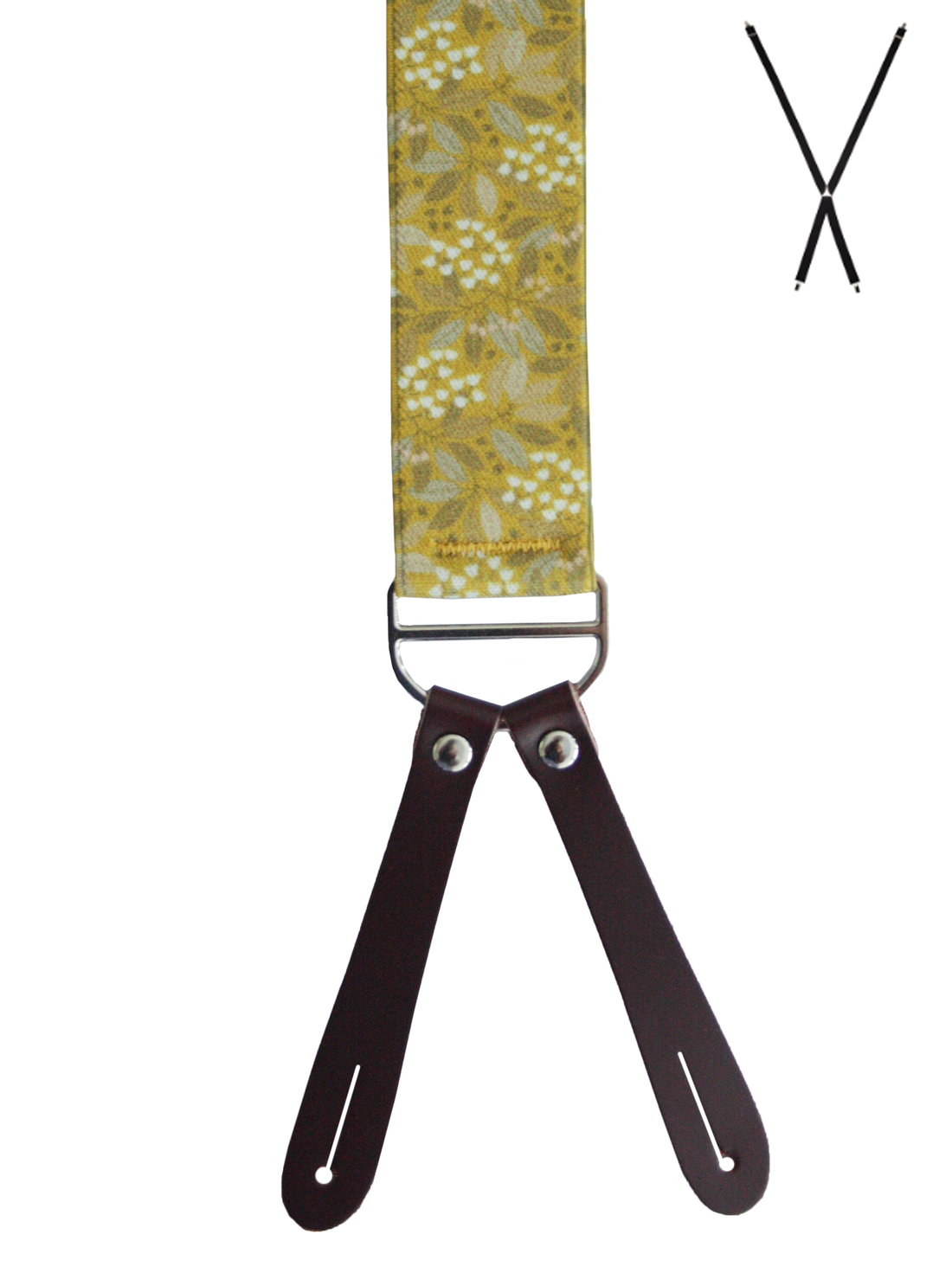 BRACES. X-Back with Leather Ends. Jocelyn Proust Small Flower Print. Yellow. 35mm width.-Braces-PEROZ Accessories