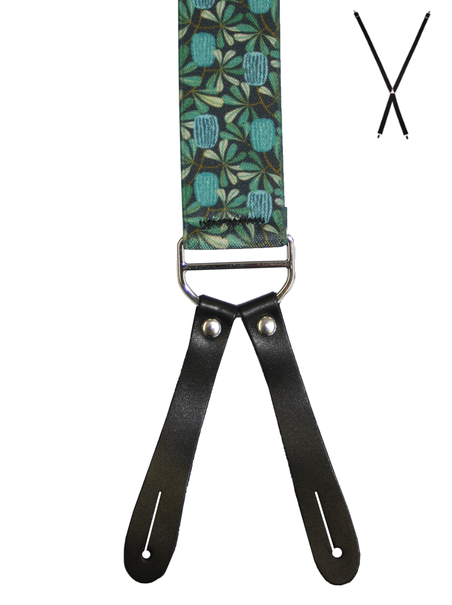 BRACES. X-Back with Leather Ends. Jocelyn Proust Coastal Banksia Print. Navy/Aqua. 35mm width.-Braces-PEROZ Accessories