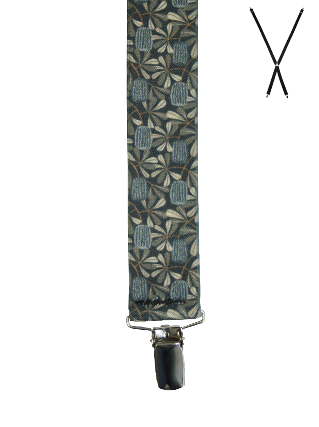BRACES. X-Back with Nickel Clips. Jocelyn Proust Coastal Banksia Print. Navy/Brown. 35mm width.-Braces-PEROZ Accessories