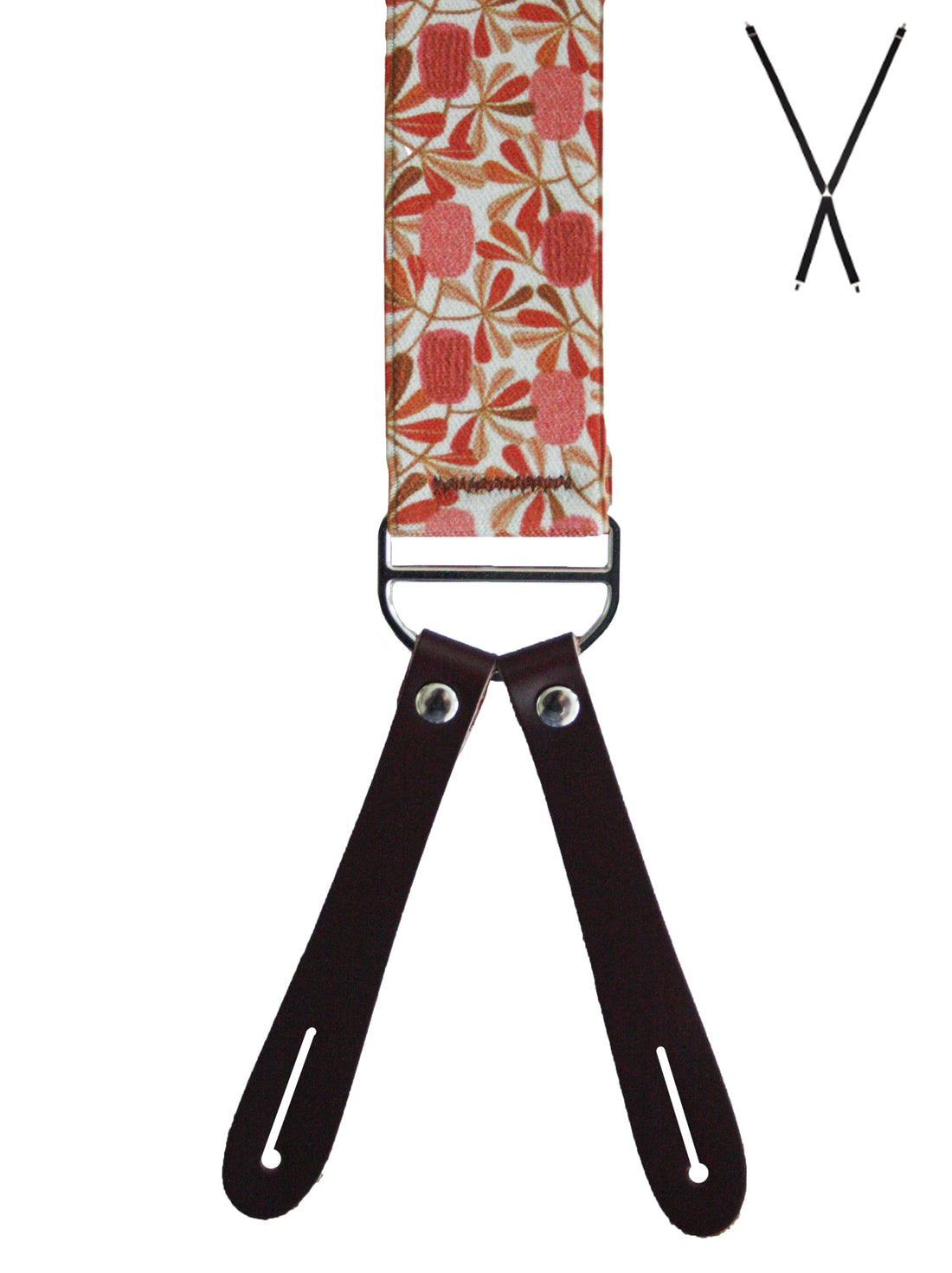 BRACES. X-Back with Leather Ends. Jocelyn Proust Coastal Banksia Print. Red/Beige. 35mm width.-Braces-PEROZ Accessories