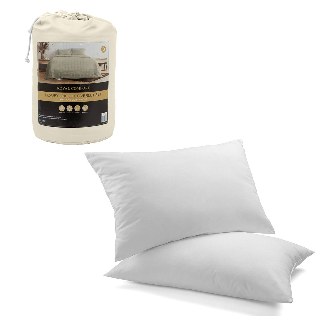 Royal Comfort Bed In A Bag Coverlet Set And 2 x Duck Feather And Down Pillows-Bedding-PEROZ Accessories