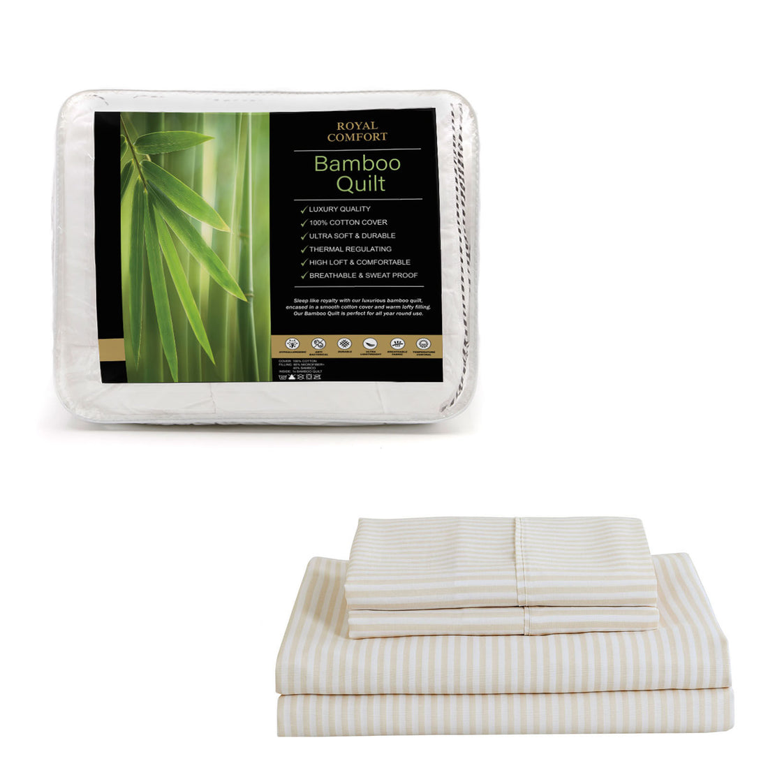 Royal Comfort Bed Set Striped Linen Quilt Cover Set And 1 x 350GSM Bamboo Quilt-Bedding-PEROZ Accessories