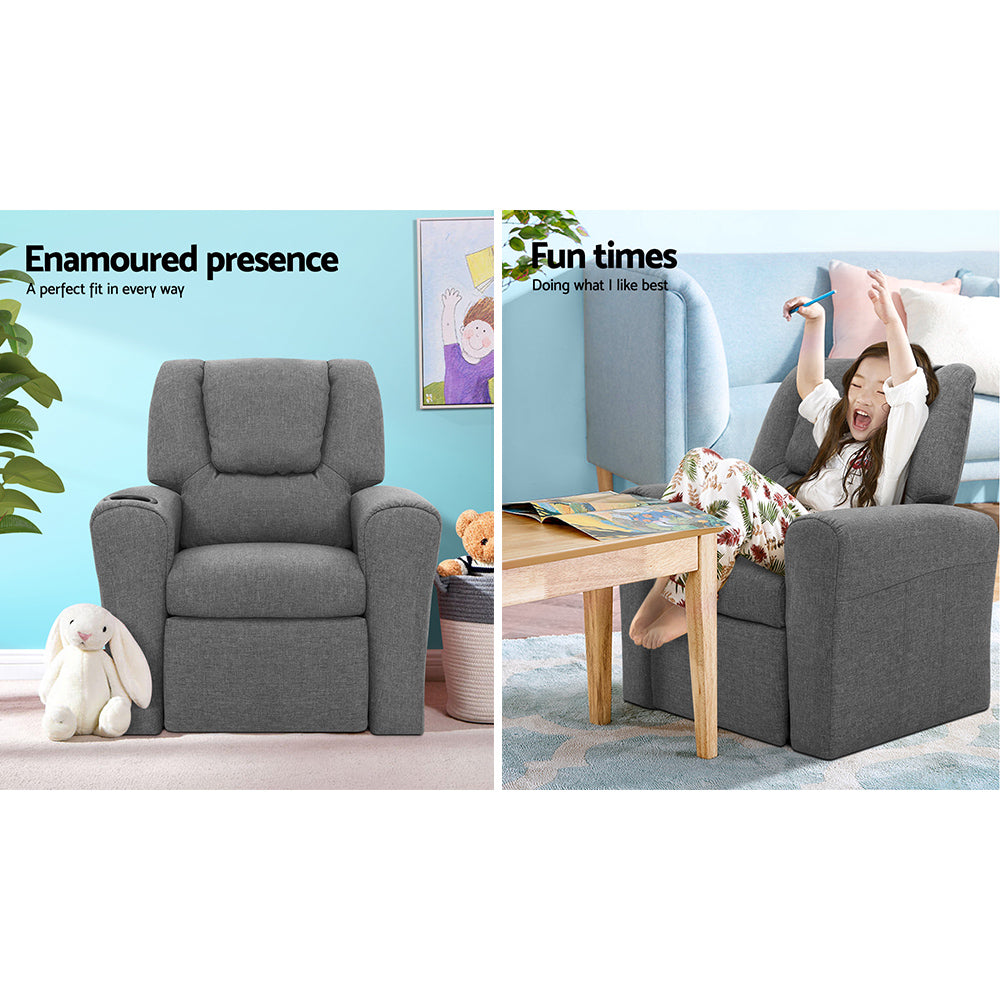 Keezi Kids Recliner Chair Grey Linen Soft Sofa Lounge Couch Children Armchair-Baby &amp; Kids &gt; Kid&