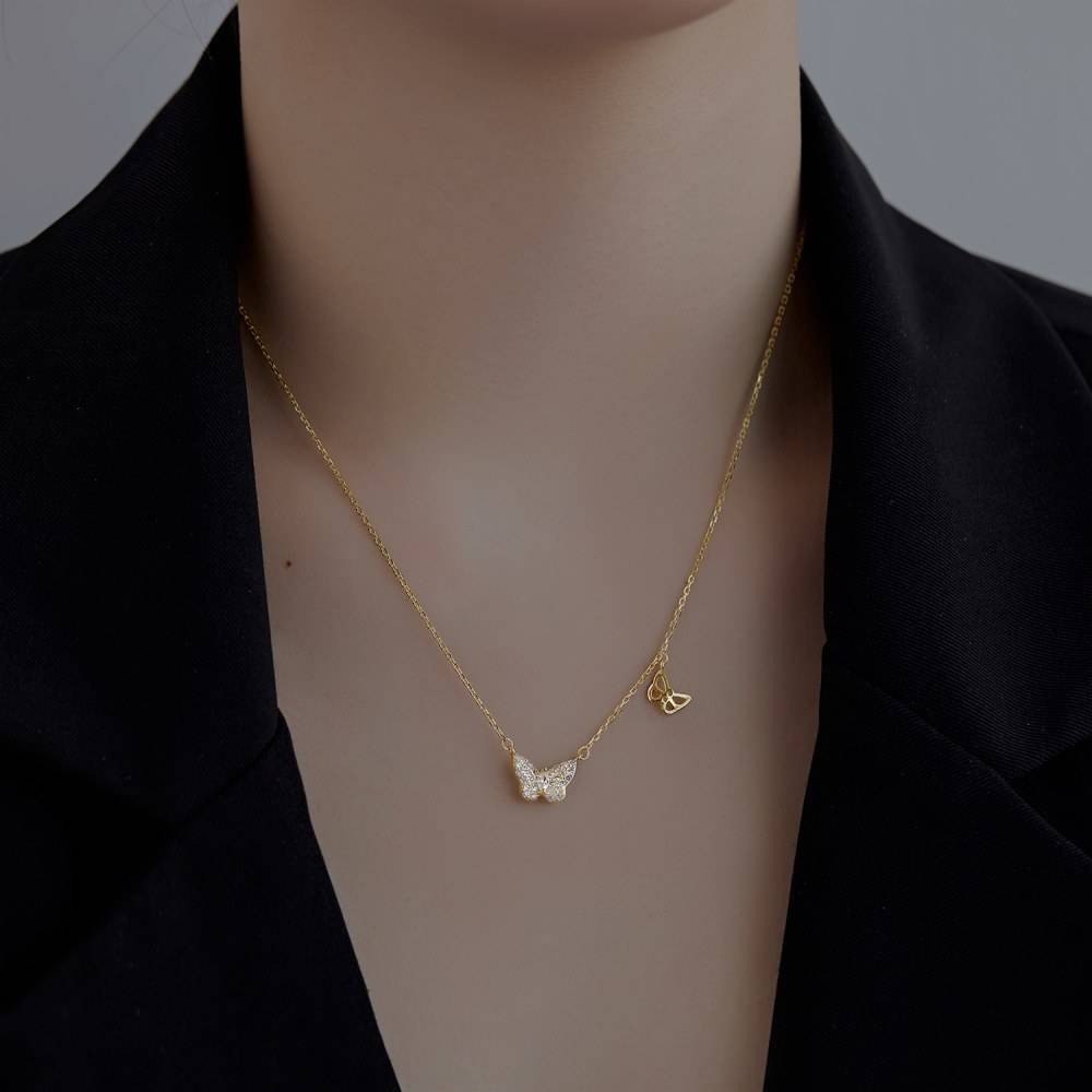 Anyco Necklace Gold 925 Sterling Silver Necklace Cubic Zircon 18K Gold Plated Jewelry Delicate Double Butterfly Pendent For Women-Necklace-PEROZ Accessories