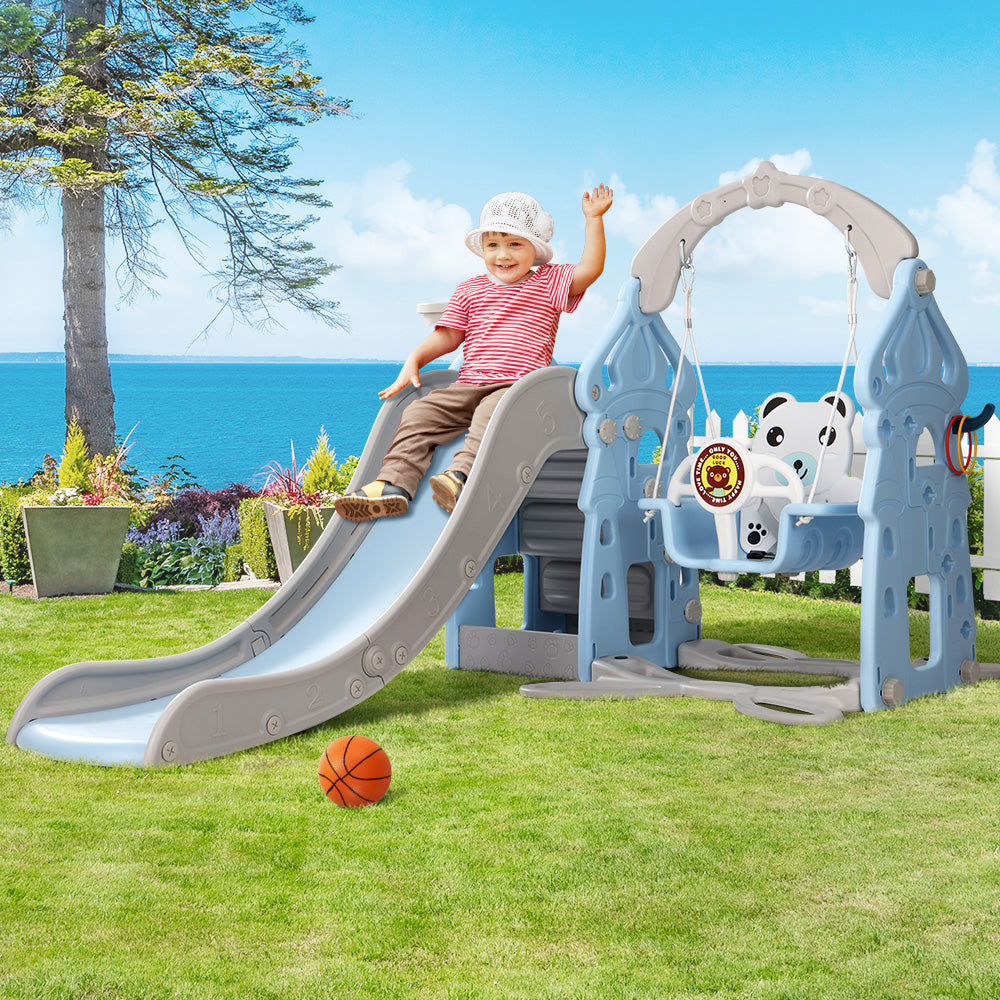 Keezi Kids 170cm Slide and Swing Set Playground Basketball Hoop Ring Outdoor Toys Blue-Baby &amp; Kids &gt; Toys-PEROZ Accessories