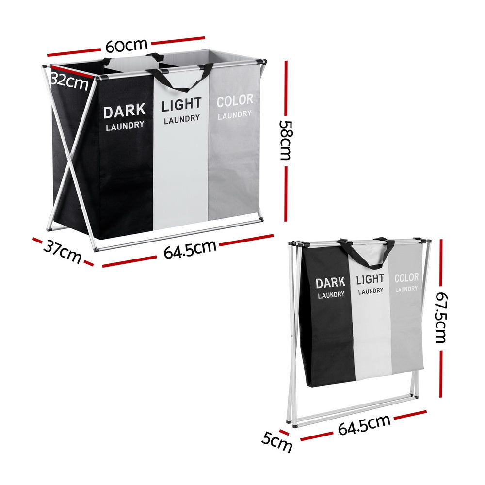 Artiss Laundry Basket Hamper Large Foldable Washing Clothes Storage 3 Sections-Furniture &gt; Bathroom-PEROZ Accessories