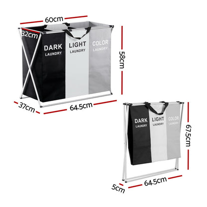 Artiss Laundry Basket Hamper Large Foldable Washing Clothes Storage 3 Sections-Furniture &gt; Bathroom-PEROZ Accessories