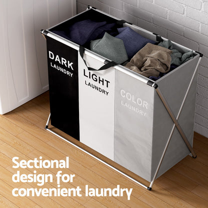 Artiss Laundry Basket Hamper Large Foldable Washing Clothes Storage 3 Sections-Furniture &gt; Bathroom-PEROZ Accessories