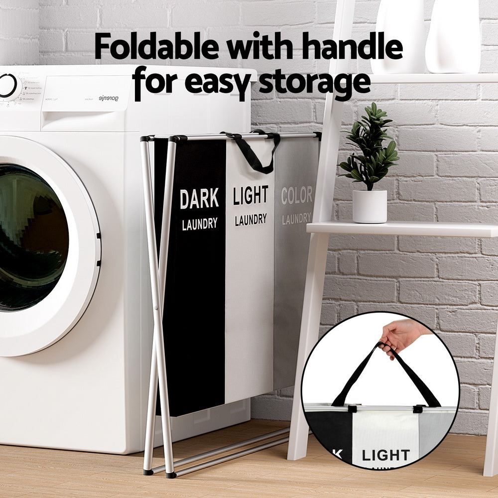 Artiss Laundry Basket Hamper Large Foldable Washing Clothes Storage 3 Sections-Furniture &gt; Bathroom-PEROZ Accessories