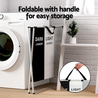 Artiss Laundry Basket Hamper Large Foldable Washing Clothes Storage 3 Sections-Furniture &gt; Bathroom-PEROZ Accessories