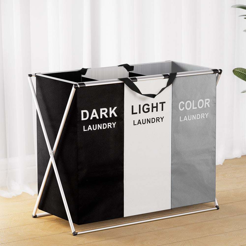 Artiss Laundry Basket Hamper Large Foldable Washing Clothes Storage 3 Sections-Furniture &gt; Bathroom-PEROZ Accessories