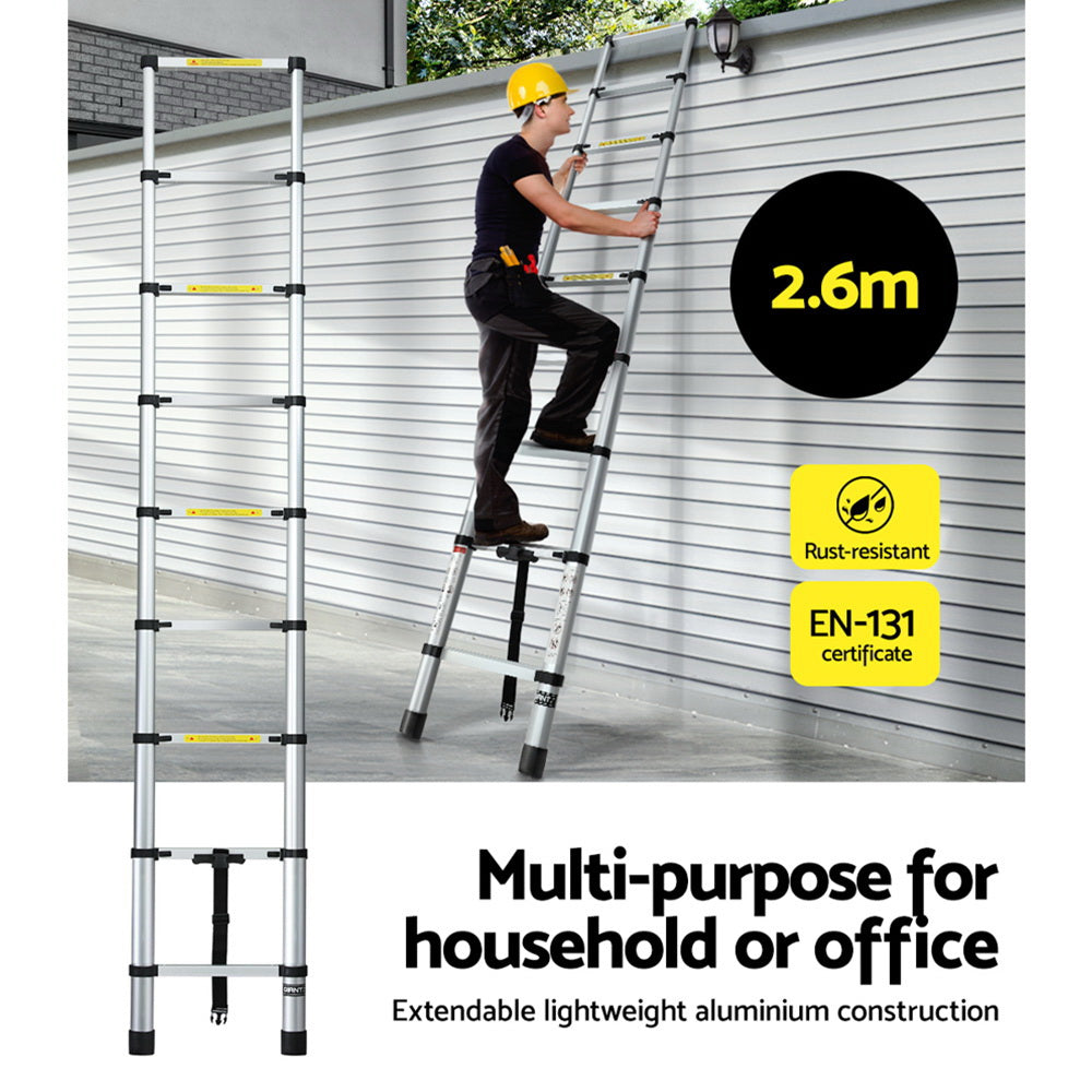 Giantz 2.6M Telescopic Ladder Aluminium Extension Extendable Steps Adjustable Height-Tools &gt; Other Tools-PEROZ Accessories