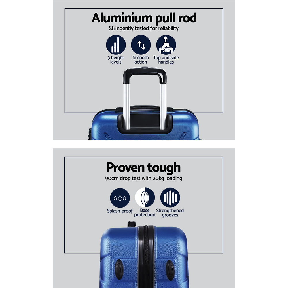 Wanderlite 3pc Luggage Trolley Travel Suitcase Set TSA Hard Shell Case Strap Blue-Luggage-PEROZ Accessories