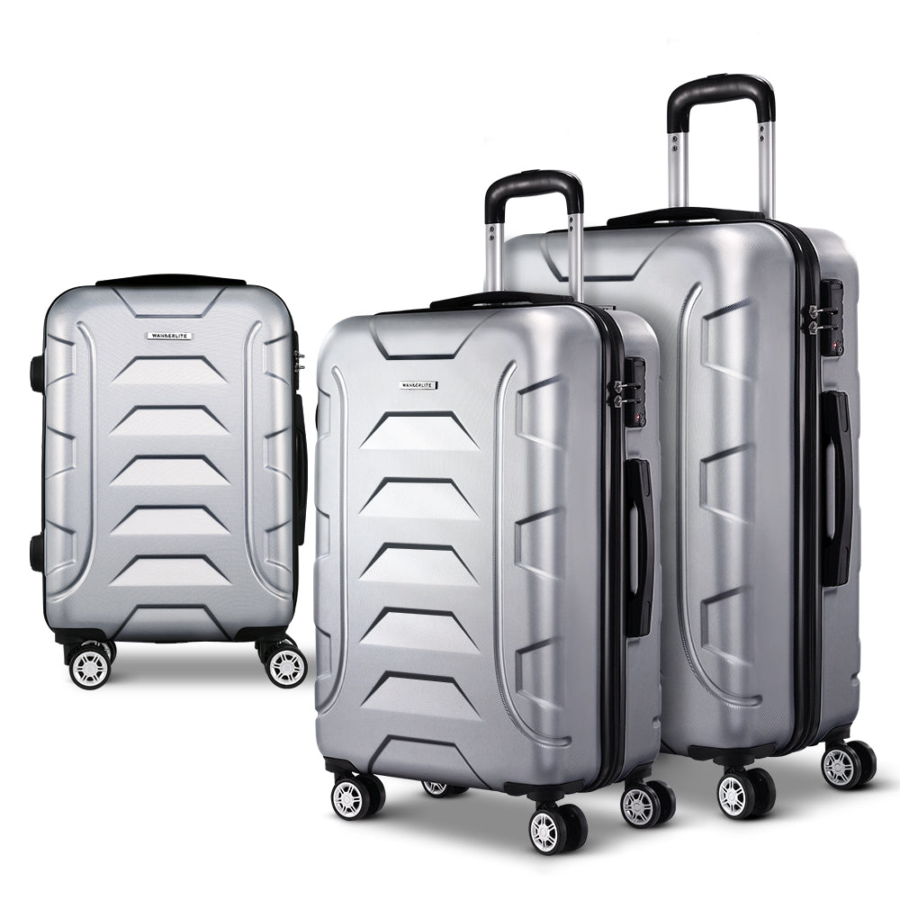 Wanderlite 3pc Luggage Travel Sets Suitcase Trolley TSA Lock Silver-Luggage-PEROZ Accessories