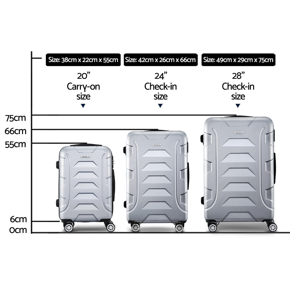 Wanderlite 3pc Luggage Trolley Travel Suitcase Set TSA Hard Case Shell Strap Silver-Luggage-PEROZ Accessories
