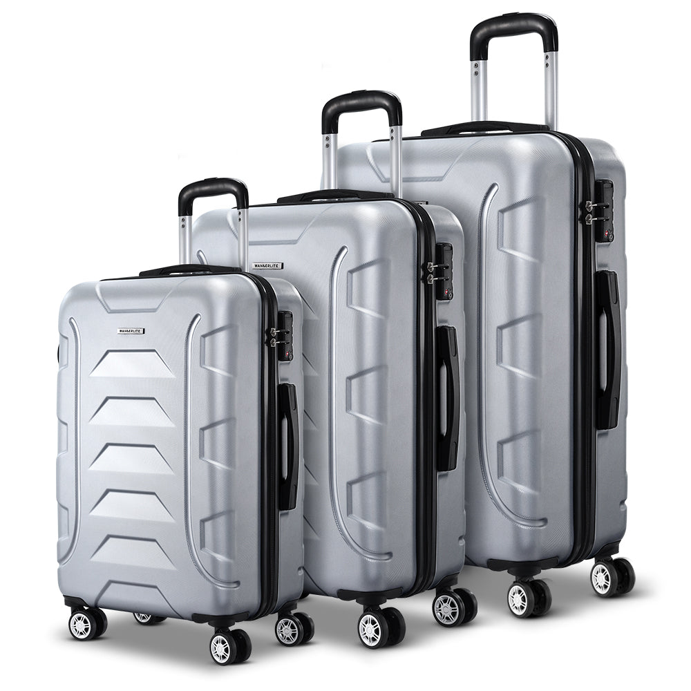 Wanderlite 3pc Luggage Trolley Travel Suitcase Set TSA Hard Case Shell Strap Silver-Luggage-PEROZ Accessories