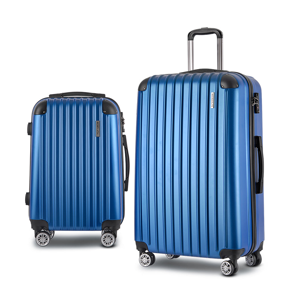 Wanderlite 2pc Luggage Trolley Travel Set Suitcase Carry On TSA Hard Case Lightweight Blue-Luggage-PEROZ Accessories