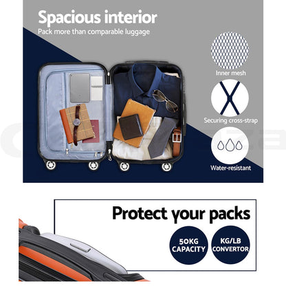 Wanderlite 3pc Luggage Trolley Travel Set Suitcase Carry On TSA Lock Hard Case Lightweight Orange-Luggage-PEROZ Accessories