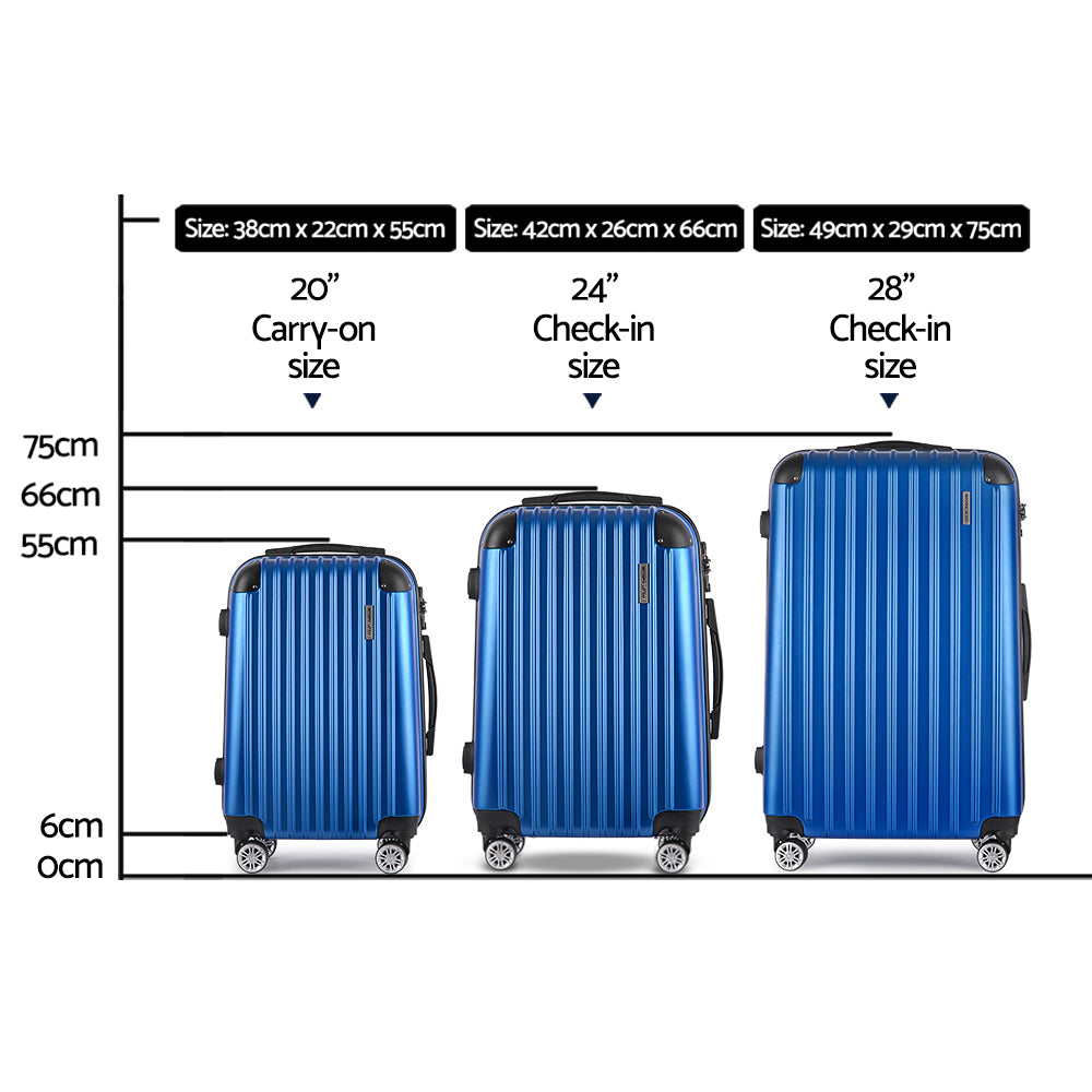 Wanderlite 3pcs Luggage Trolley Set Travel Suitcase Hard Case Carry On Bag Blue-Luggage-PEROZ Accessories