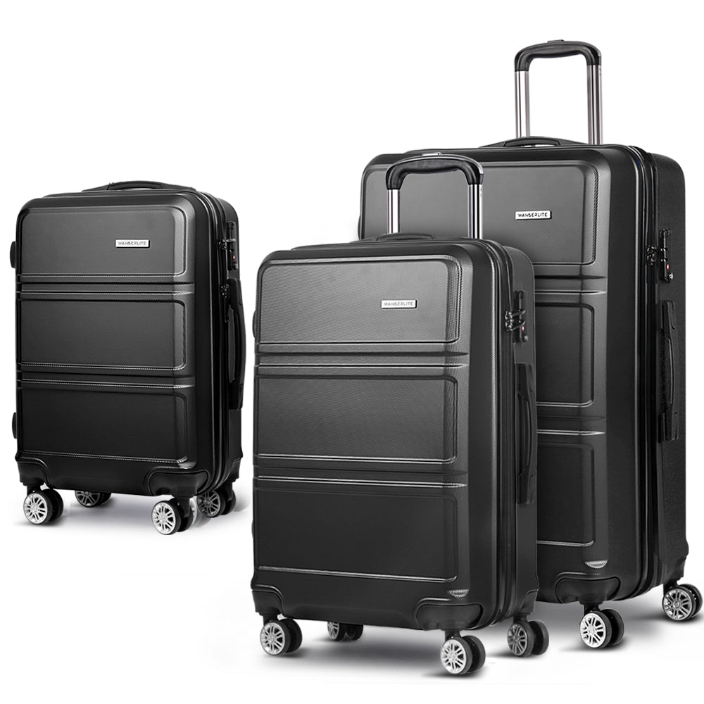 Wanderlite 3pc Luggage Trolley Set Suitcase Travel TSA Carry On Hard Case Lightweight Black-Luggage-PEROZ Accessories