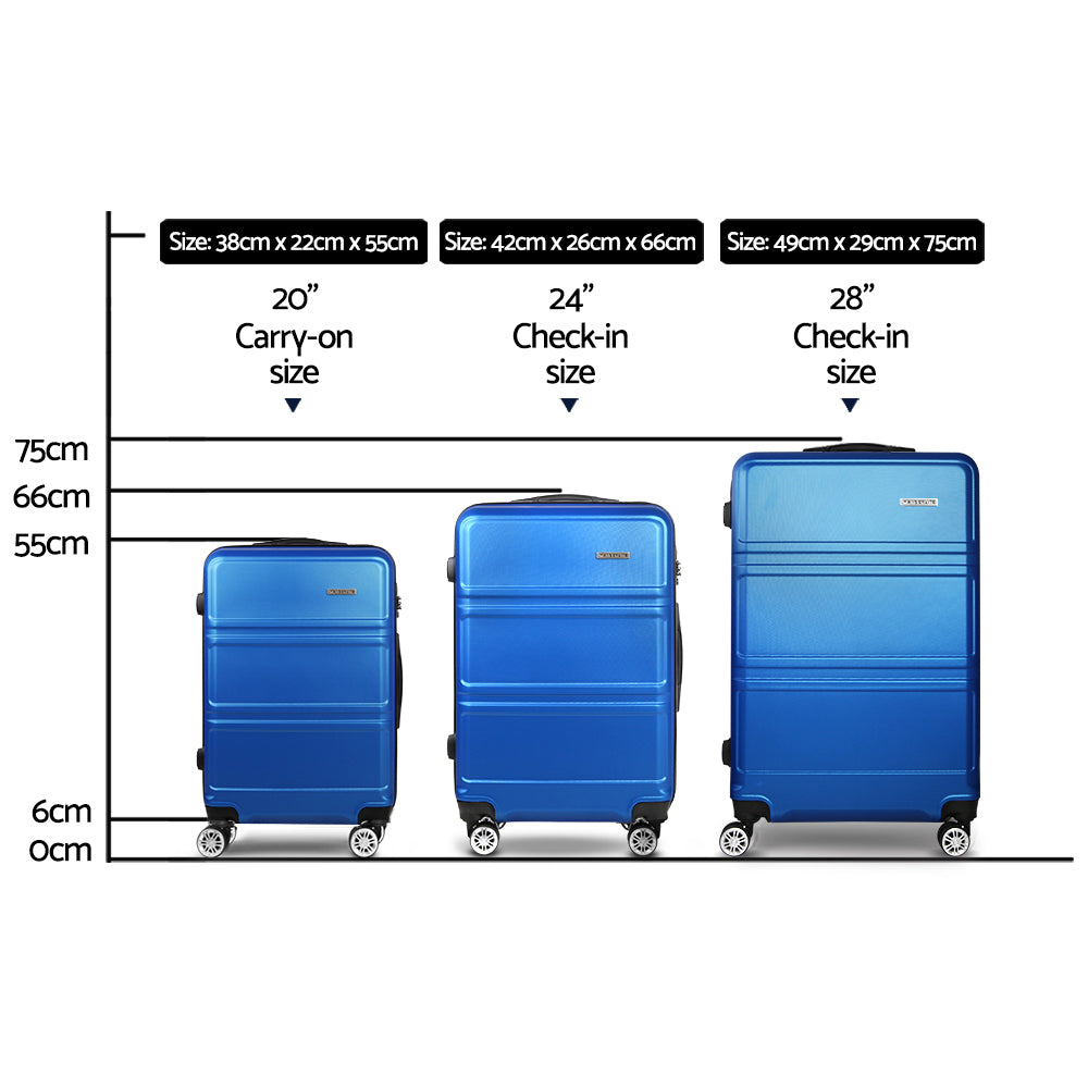 Wanderlite 3pc Luggage Trolley Set Suitcase Travel TSA Carry On Hard Case Lightweight Blue-Luggage-PEROZ Accessories