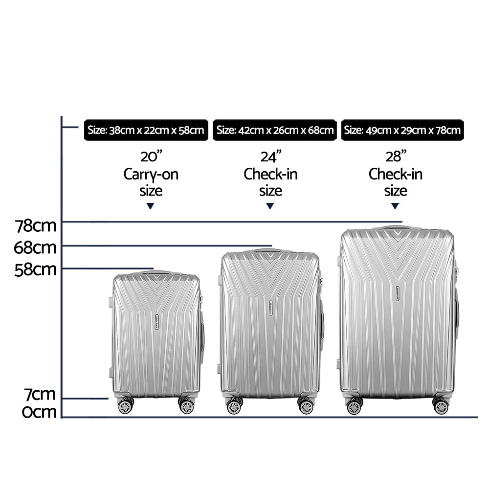 Wanderlite 75cm 3pc Luggage Trolley Suitcase Sets Travel TSA Hard Case Silver-Luggage-PEROZ Accessories