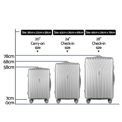 Wanderlite 75cm 3pc Luggage Trolley Suitcase Sets Travel TSA Hard Case Silver-Luggage-PEROZ Accessories